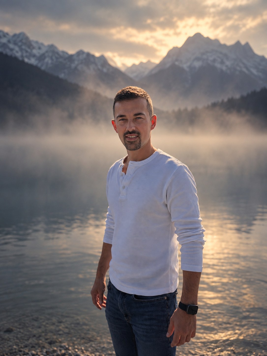 Thomas Kramer steht am Ufer eines Bergsees im Morgenlicht